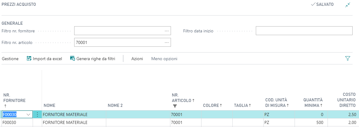 Gestione prezzi di acquisto