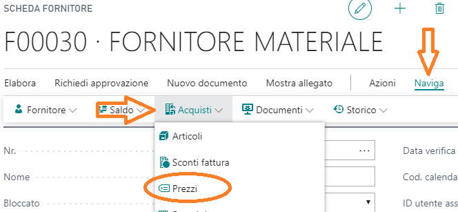 Funzione prezzi di acquisto
