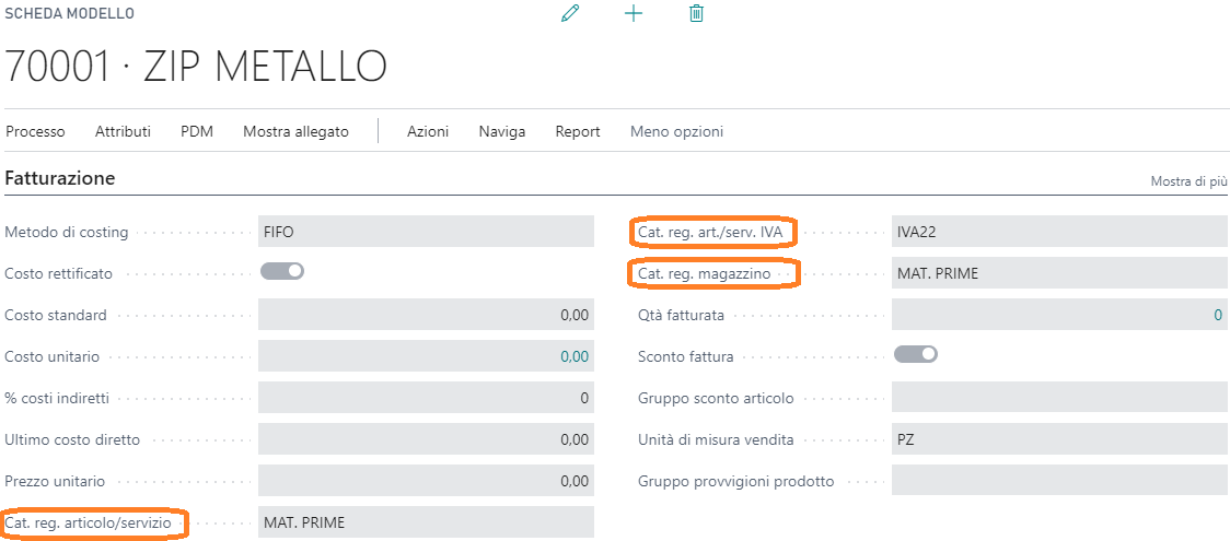 Sezione fatturazione del materiale